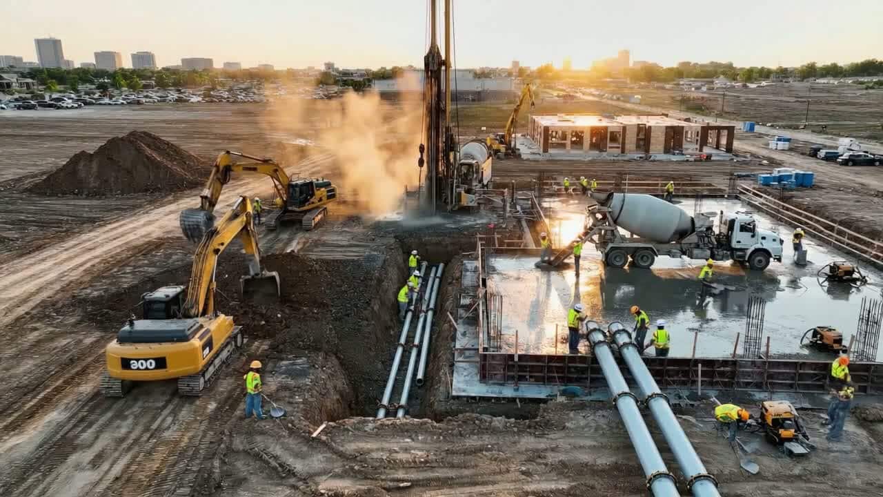 HDD and utility construction crew installing pipe and pouring foundations